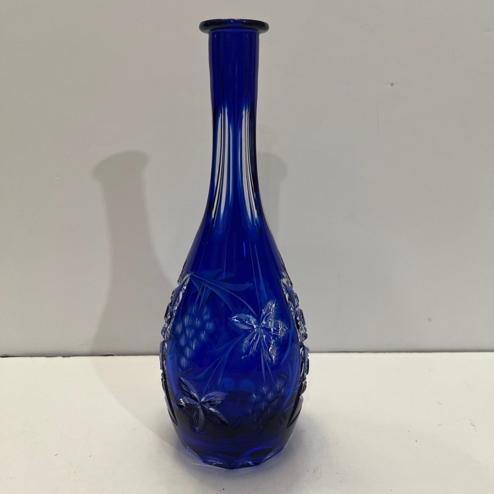Bohemian Czech cobalt cut to clear grape leaves 12" blue crystal decanter